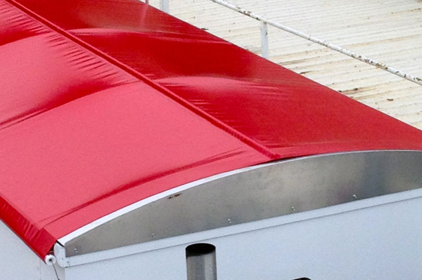 Center pole integrated into the tarp easily rolls out of the way