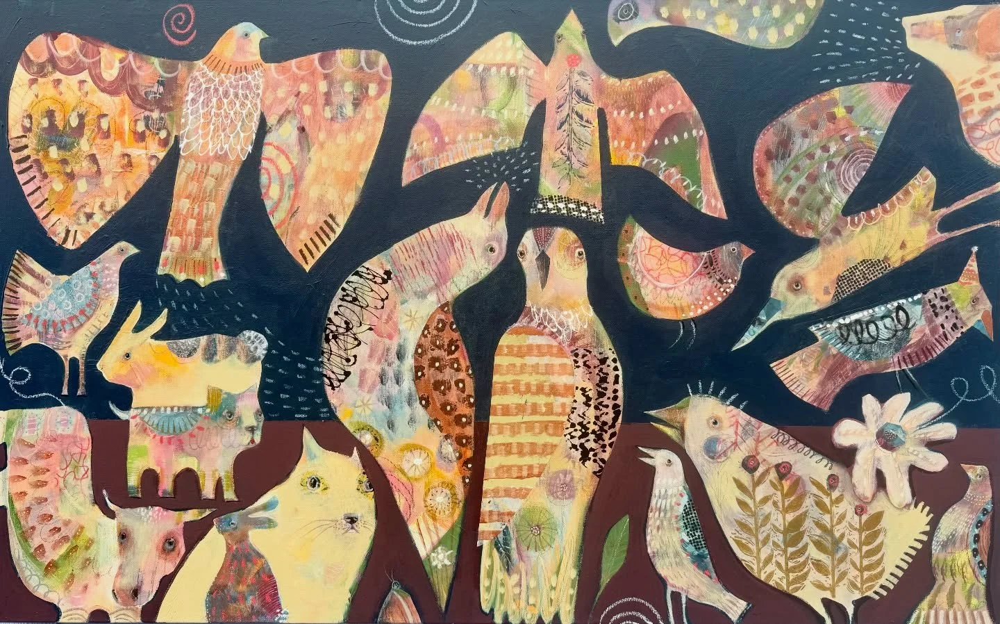 Feathered Festivities
Mixed Media Collage Painting, 30 x 48 in

This felt like the right way to usher in a new year&hellip; celebratory, whimsical, and full of hope. Animals bring such a light to the world. I hope your 2026 has begun with beauty, bir