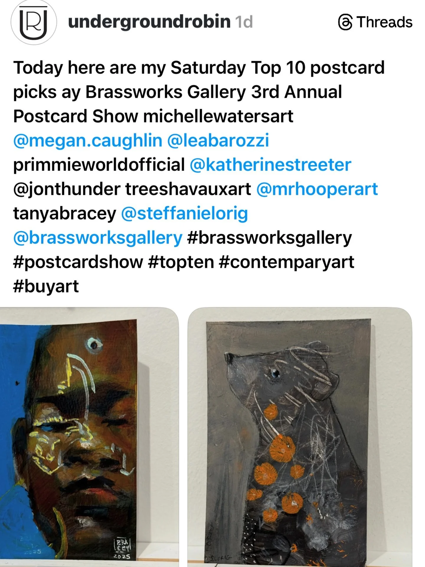 Awww&hellip; I love seeing this. Thanks @brassworksgallery for the opportunity to be part of your annual postcard show. I&rsquo;m super honored that my little bear caught your eye 🥰
.
.
.
.
.
.
#originalart #seattleart #steffanielorig #smallartwork 