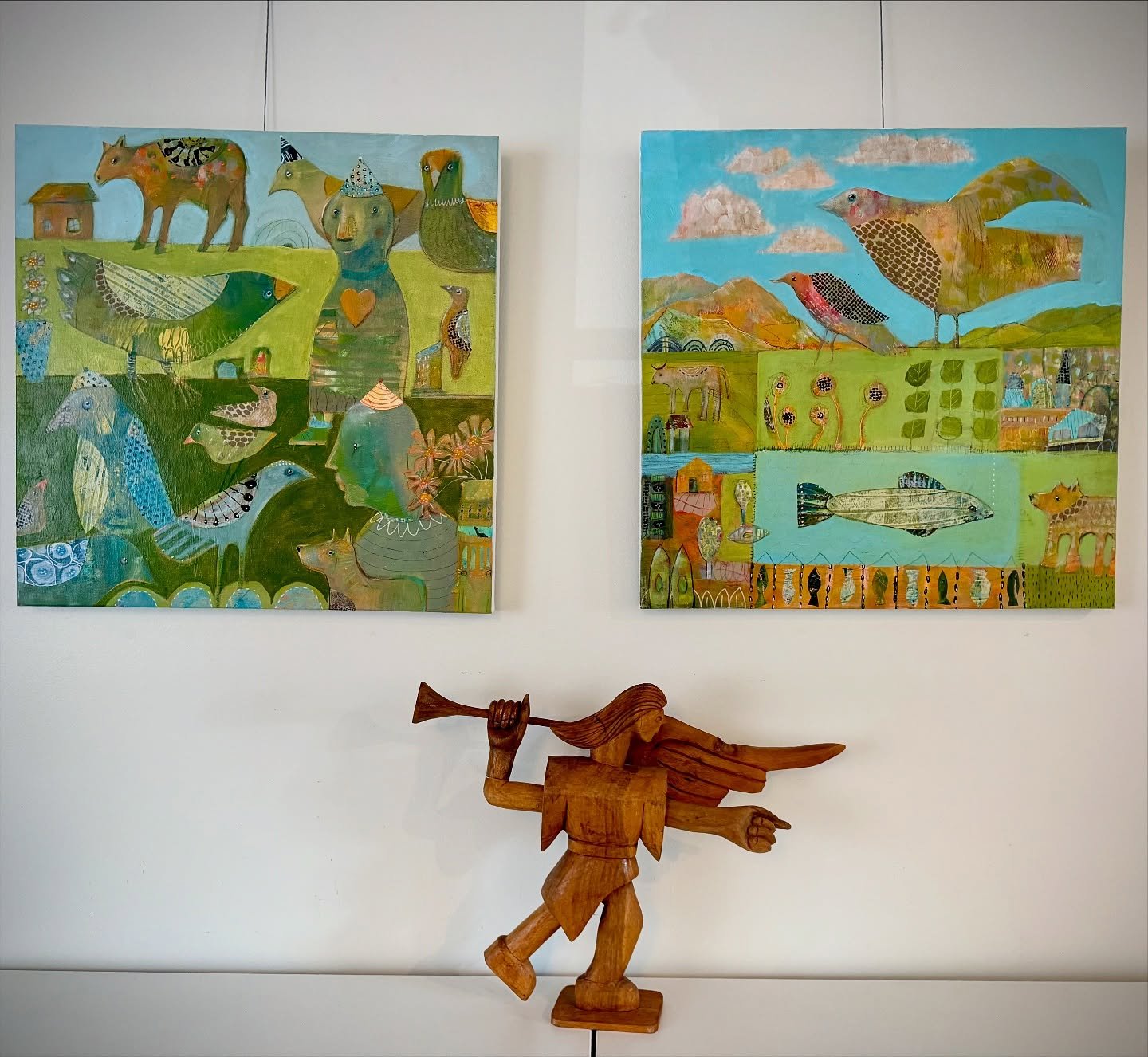 These two will be part of the December show at @alkiarts. &ldquo;Celebrate the Day&rdquo; and &ldquo;Lake House&rdquo; are both 24x24 on stretched canvas with mixed media, including collage. 
.
.
.
.
.
#originalart #uniqueart #seattleart #naivism #ne