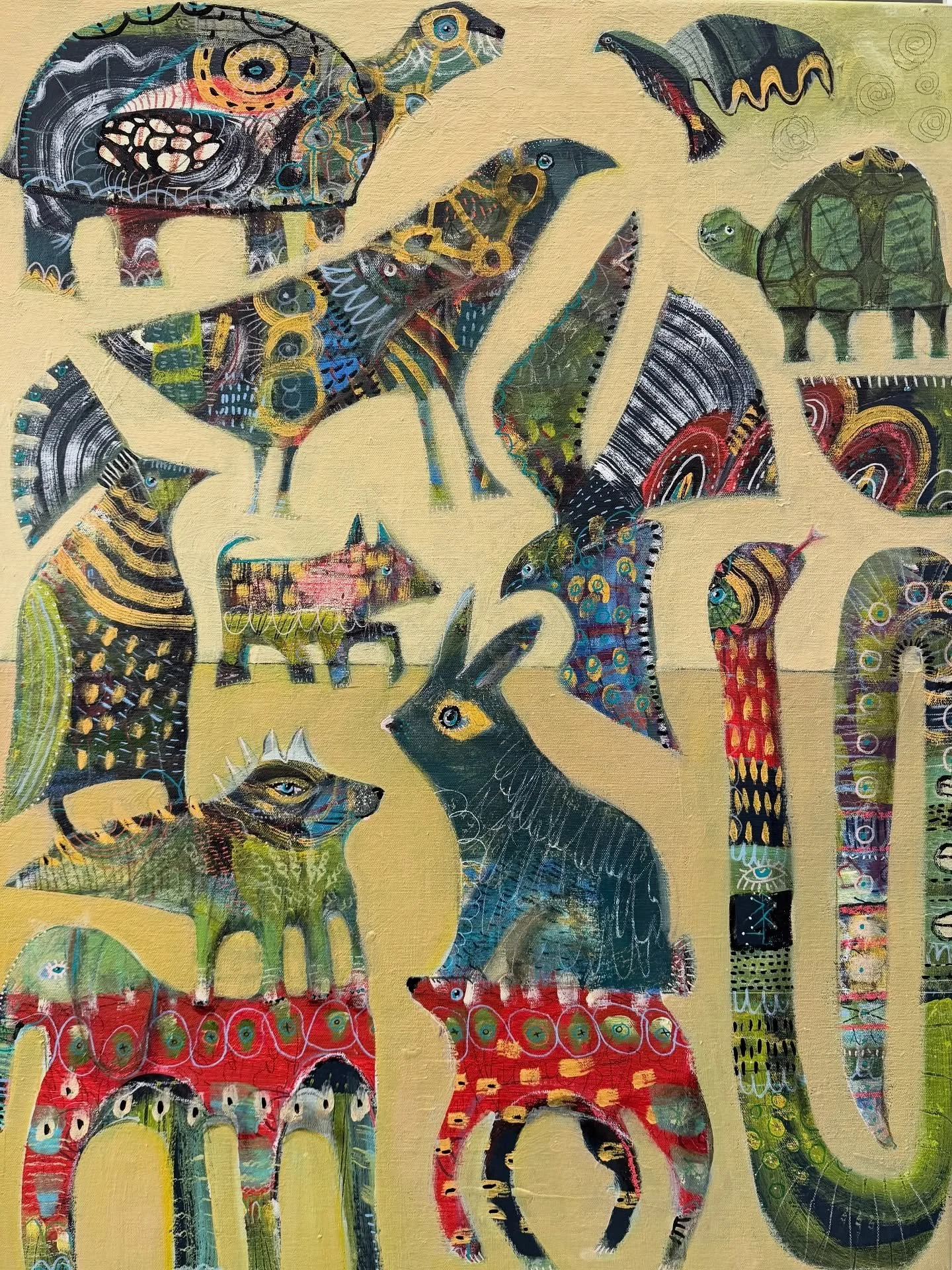 A Gathering of Friends 
36x25&rdquo;
On stretched canvas
.
.
.
.
.
#originalart #uniqueart #seattleart #naivism #neoexpressionist #steffanielorig #contemporaryfolkart #contemporaryart #mixedmediaart #seattleartist #artforsale #rawart #intuitiveartist
