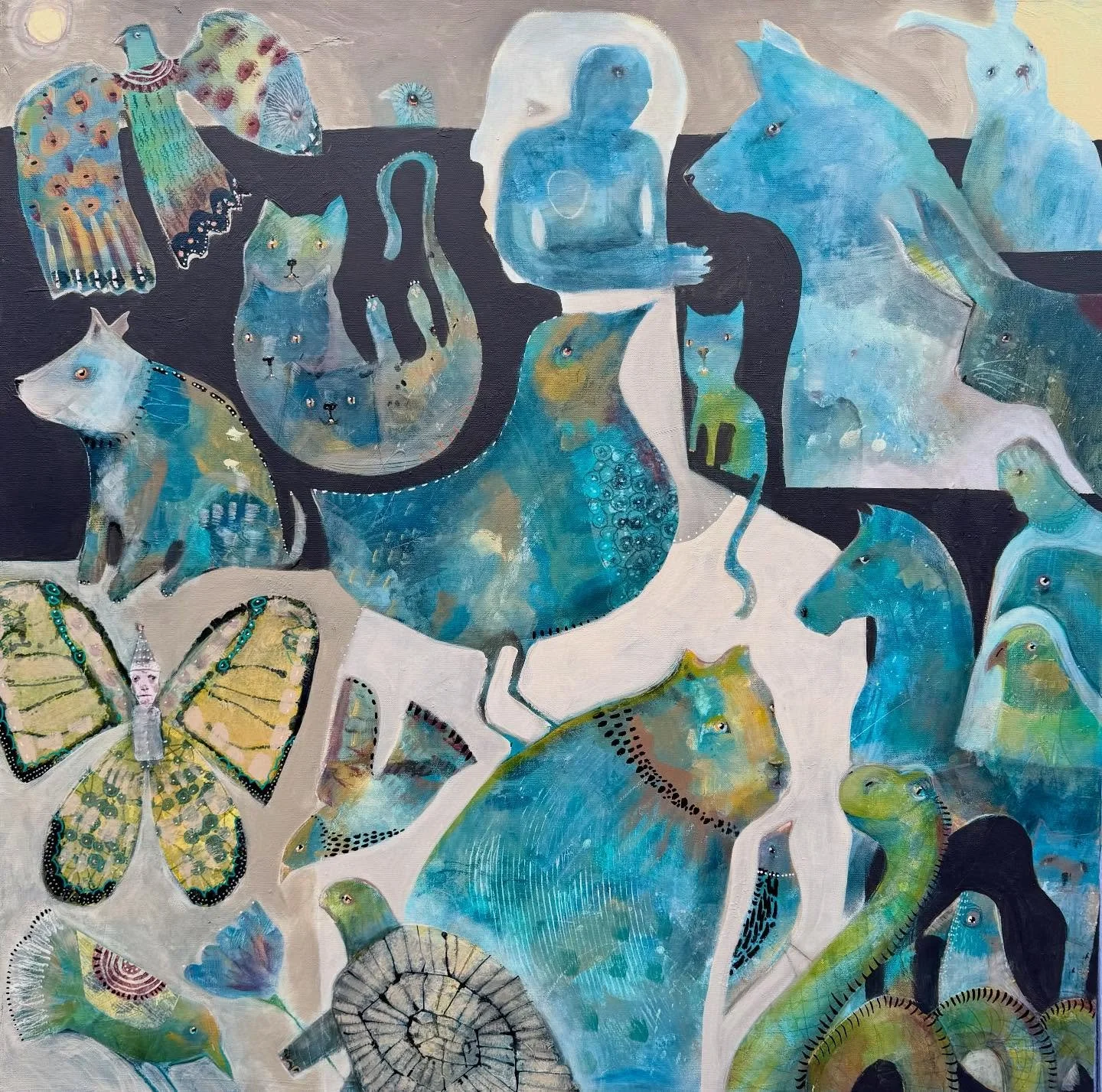 &ldquo;Connecting in the Wild&rdquo;
January 2026, Mixed Media
36 x 36 x 1.5 in
Showing at Gray Sky Gallery starting January 8th in Pioneer Square. 

When the world is crazy and bad people are doing bad things, I find myself overwhelmed and anxious. 