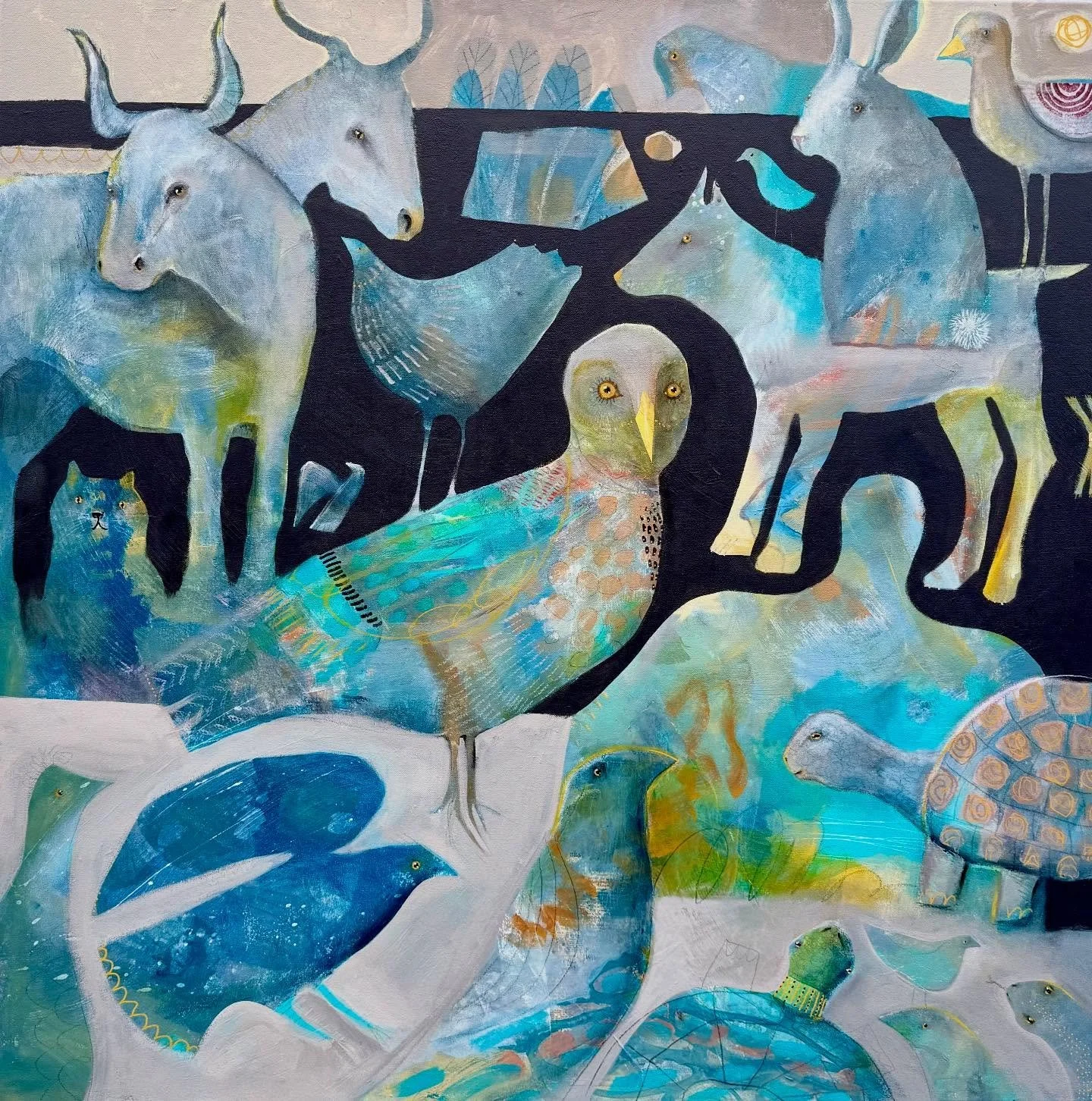 &ldquo;Camping in the Countryside&rdquo;
January 2026, Mixed Media
40 x 40 x 1.5 in
Showing at Gray Sky Gallery starting January 8th in Pioneer Square. 

There are so many critters we can meet when we spend time outdoors. My favorite summer sighting 