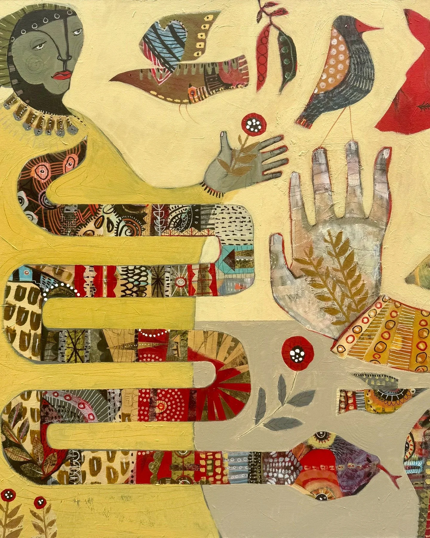 "Dream Chaser"
36 x 36 inch mixed media collage painting

This painting has lived a few different lives and I'm finally settled on this iteration. Birds, snakes, a coyote, and a javelina bring their patterns and beauty to the desert where t