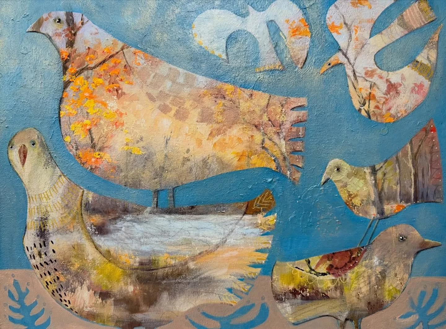 Celebration
Mixed Media on an old painting
18 x 24 
#birdart #paintingonapainting #experimenting