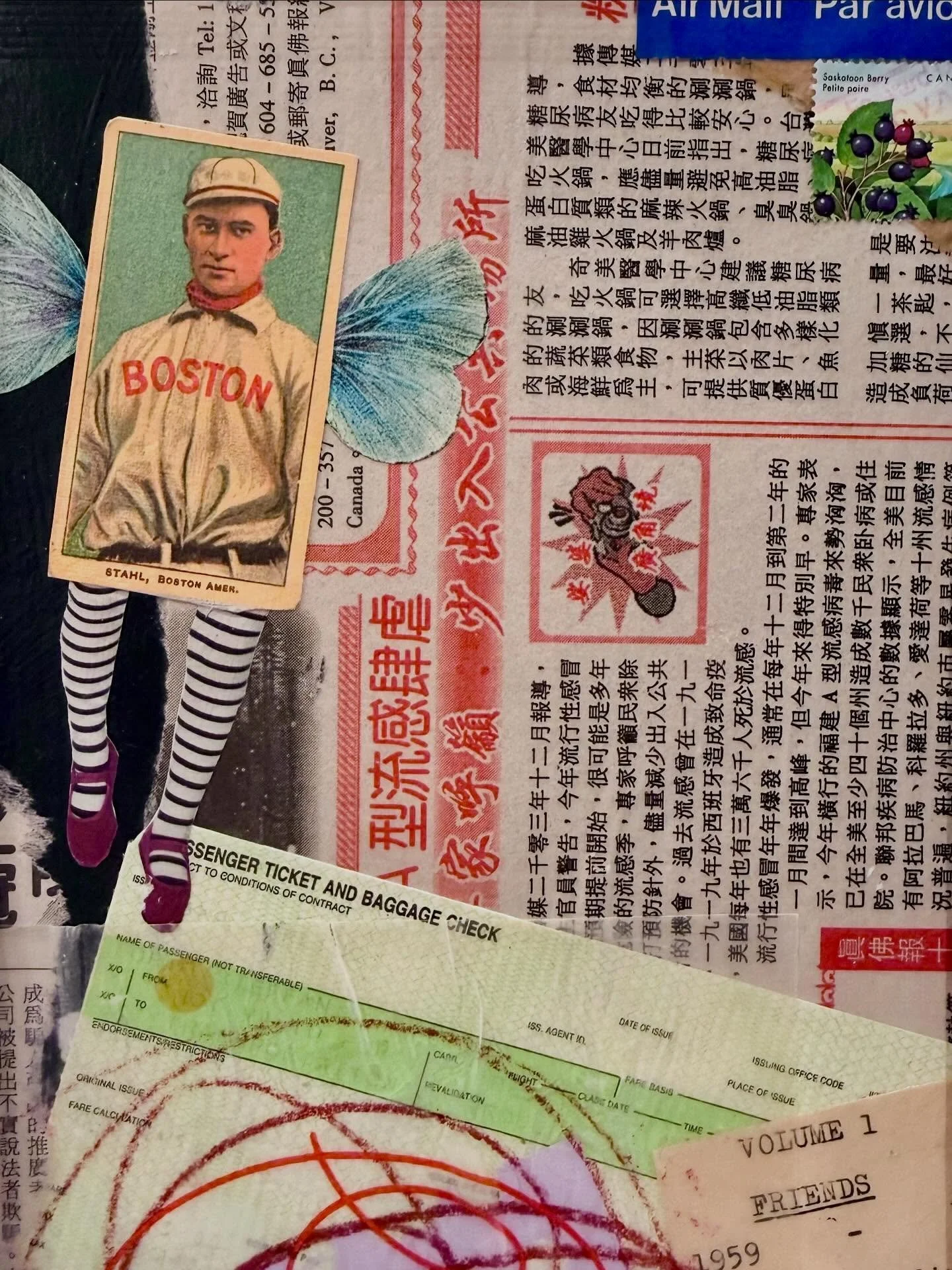 Far Away Friends
Mixed media collage painting on an antique album page
Original 8x6&rdquo; art on paper. Comes protected with archival quality, acid free 12x9&rdquo; mat and backing board, encased in an acetate sleeve. Ready to frame. 

#collageart #