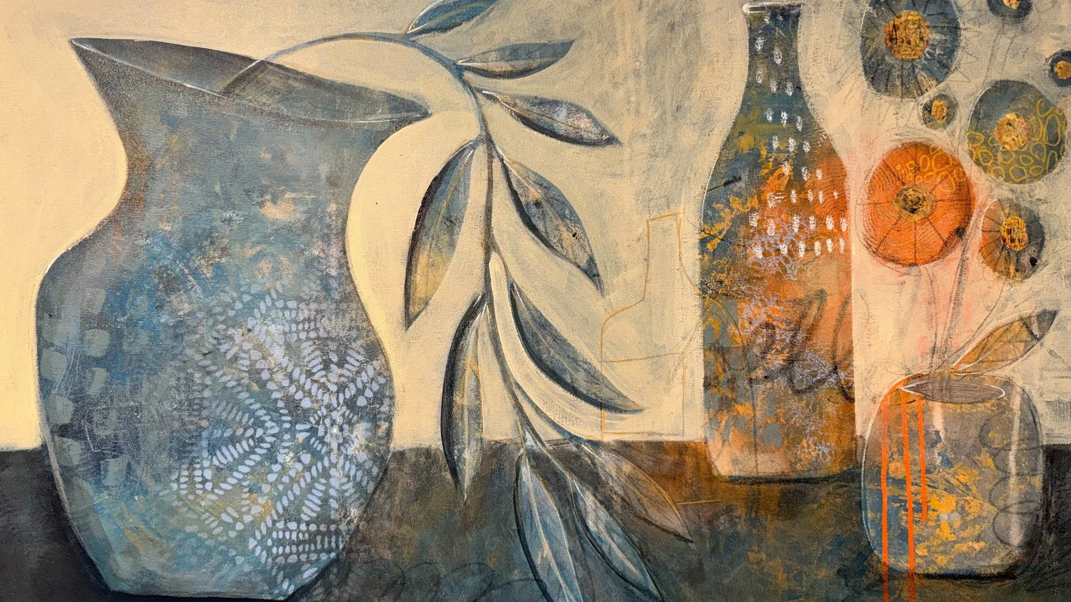 Still Life with Lingering Serenity
36"x24" acrylic 
Always experimenting, I thought I'd try my hand at a still life. This is the last painting I'll paint in my current studio as the house is going on the market in a week! So much still to d