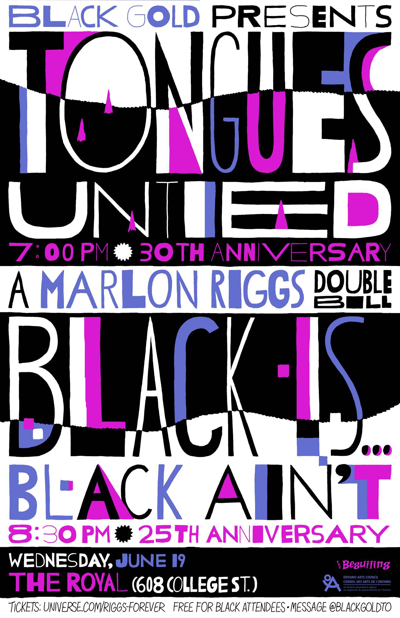 Poster for Black Gold’s screening of Tongues Untied / Black Is . . . Black Ain't