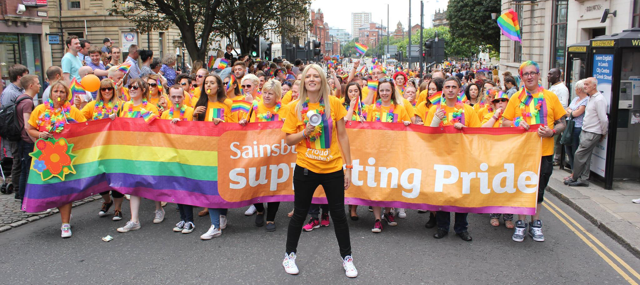Jemma Kameen leading Sainsbury’s colleagues at Leeds Pride in 2016.