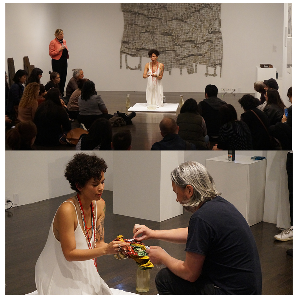 Performed at The 8th Floor Gallery as part of “Performance as Repair” by Colectivo Se Habla Espanol. The public was invited to reflect upon the question: “If you had the opportunity to purge/eliminate something from this land or your life, what would it be?” and to write in a piece of water-soluble paper their answers. The papers were given to the artist which she proceeded to read aloud and then deposit the papers on a clear water bowl in front of her. At the end of the performance each participant’s hands were cleansed by the artist and a memorabilia was given to them.