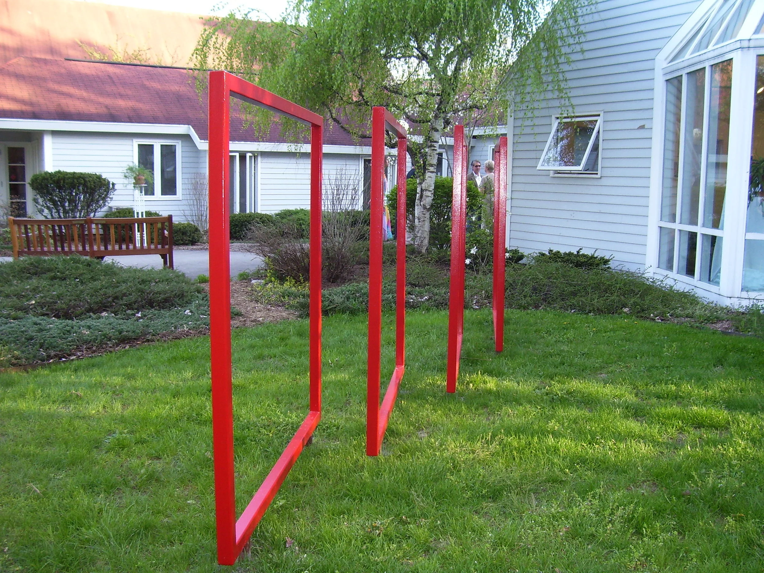  2004, Steel9’X36’X4’&nbsp;St. Davids Church, Dewitt, NY&nbsp;  Five Red Squares was designed to be as a kinetic experience with a continuously changing composition of squares and oriented with shadows that change direction with the passing of the da