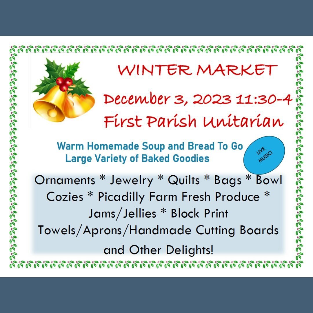 Find Picadilly Farm organic veggies at the Northfield (MA) Winter Market at First Parish Unitarian Church, this Sunday December 3, from 11:30am-4pm!

We'll join local craft vendors and food producers at a vibrant holiday market. Homemade soups, bread