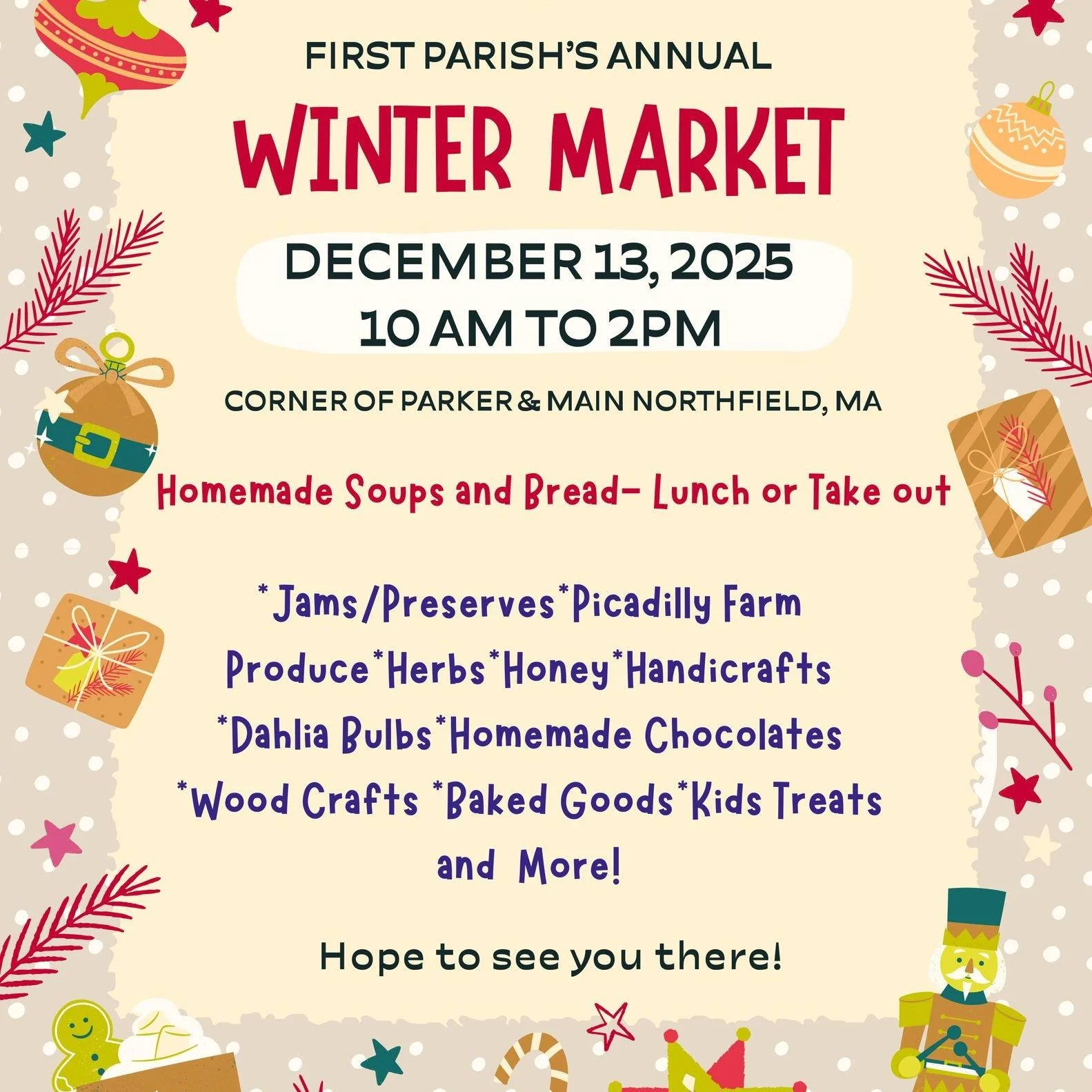 Join us TOMORROW at First Parish's Annual Winter Market in Northfield, MA -Saturday, December 13th from 10am-2pm! 

Pick up Picadilly produce alongside plenty of other holiday goodies! 🥕❄🥕

#wintermarket #buylocal #fallveggies