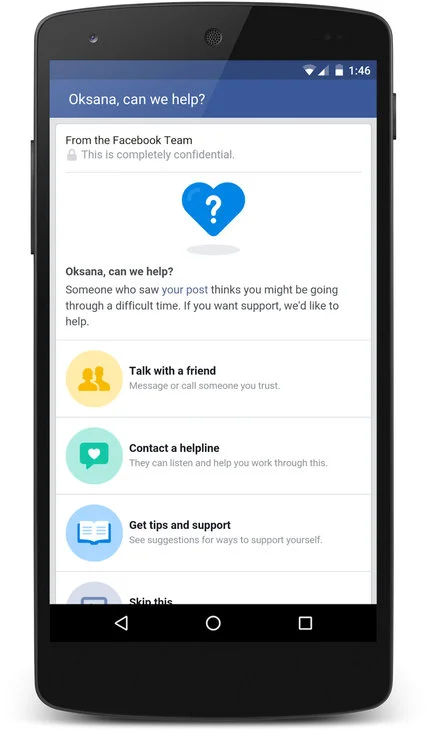 A screenshot of Facebook's suicide prevention efforts. Image credit: The New York Times