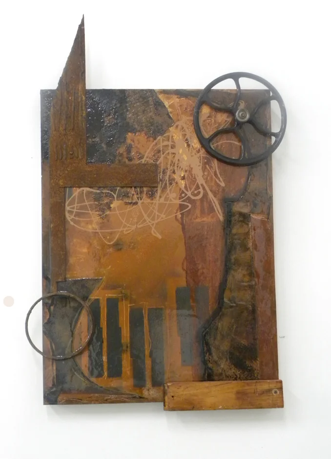 LES , paint, paper, suede, wood, metal and resin on canvas,