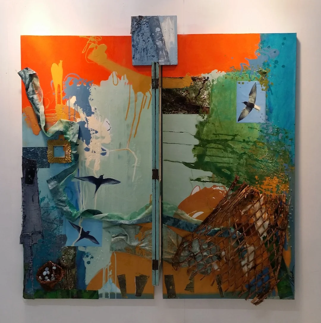 Offerings , paint, paper, fabric, glass, wood resin and shutter on canvas,75"w x76"h x 14"d