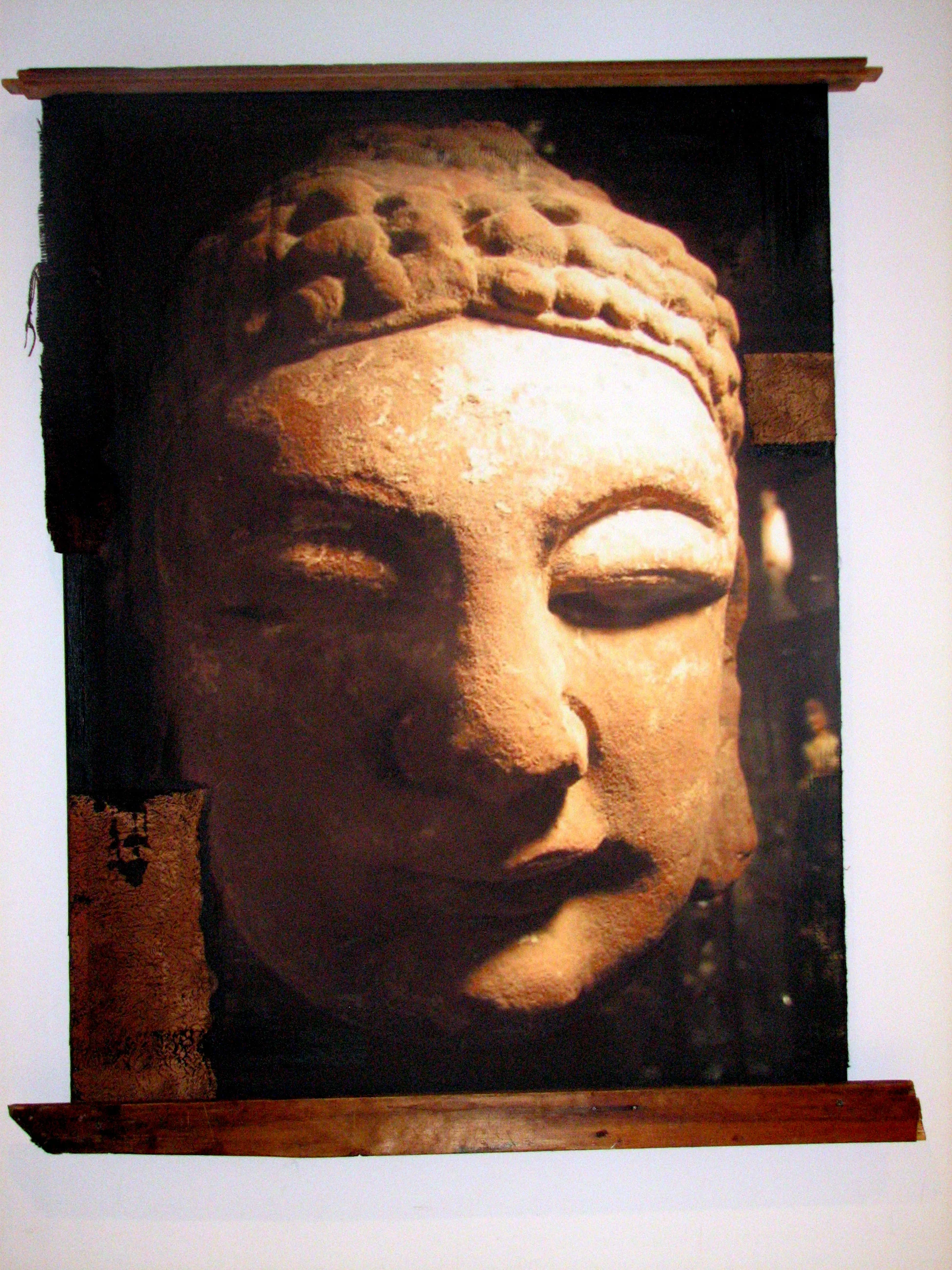 Ancient Buddha , Photograph, paper fabric and wood on canvas