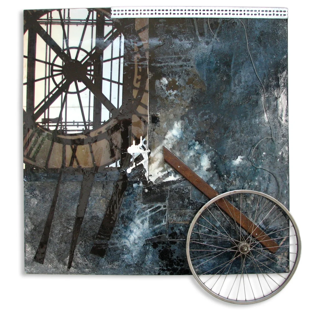 Time Travels , paint, leather,paper, photography,found metal objects and resin on canvas, 55.5"w x 60"h x 7.5"d