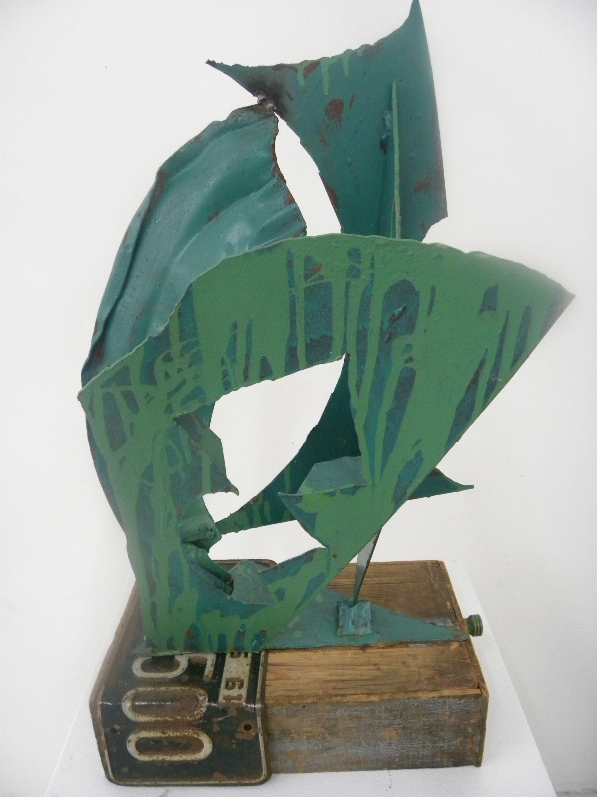 Mountain Pine , welded painted steel on antique wood drawer with licence plate,26.5"h x14.5"w x12"d