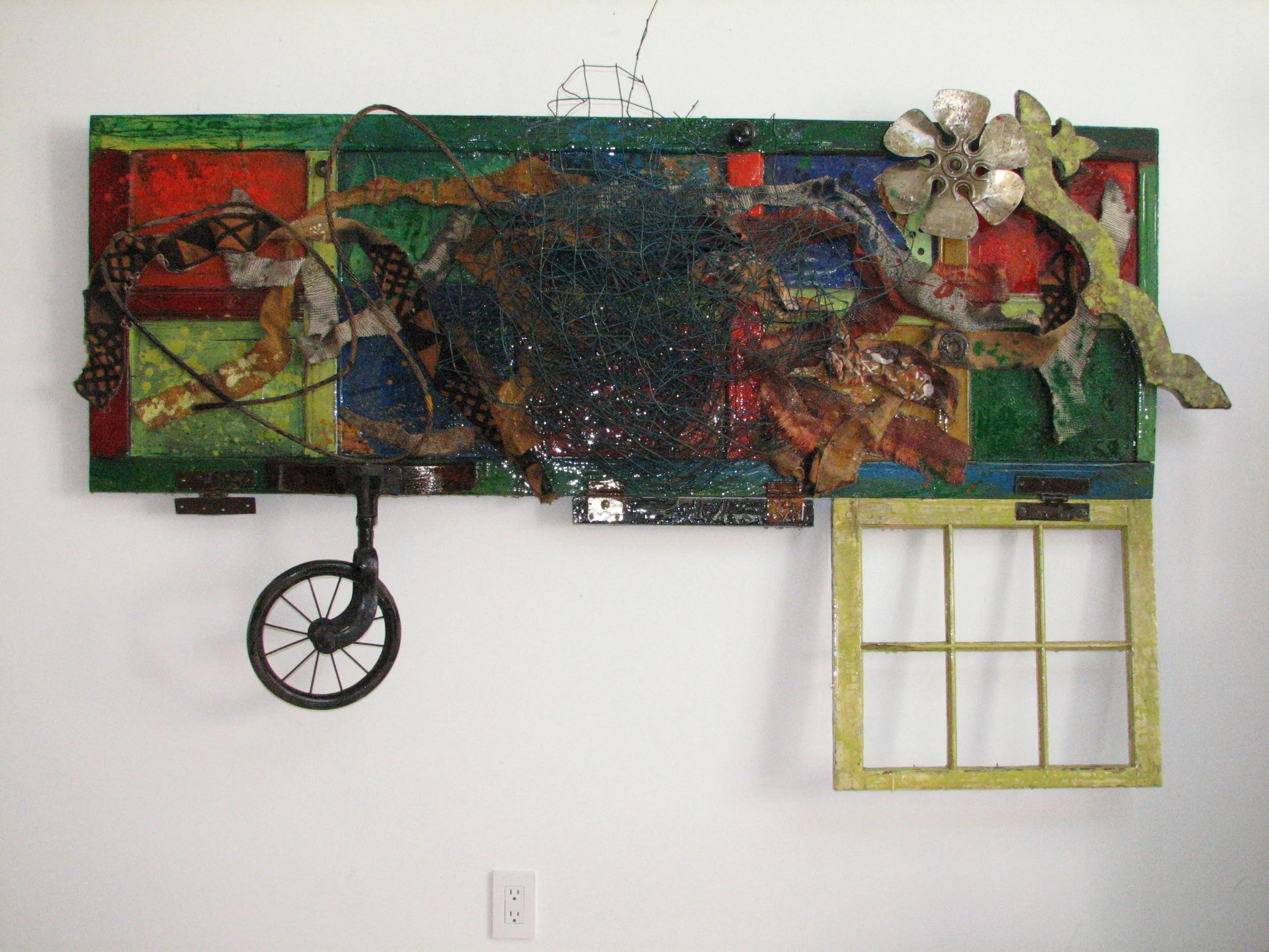    Three Rivers: Story of a Mill Town  , mixed media assemblage on antique door, 78"w x47"h x 23"d 