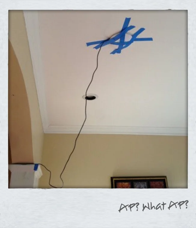 Another quality Enterprise Ubiquiti install.
Hmm. Nice AP mount: http://t.co/sXNYsBuOV1 — David Bulanda (@MrFogg97) December 16, 2014 David’s Blog: http://mrfogg97.blogspot.com Technically, that Painter’s Tape’s not causing much attenuation if any at all. But, Boy, is that gonna hurt when it falls on someone’s head.