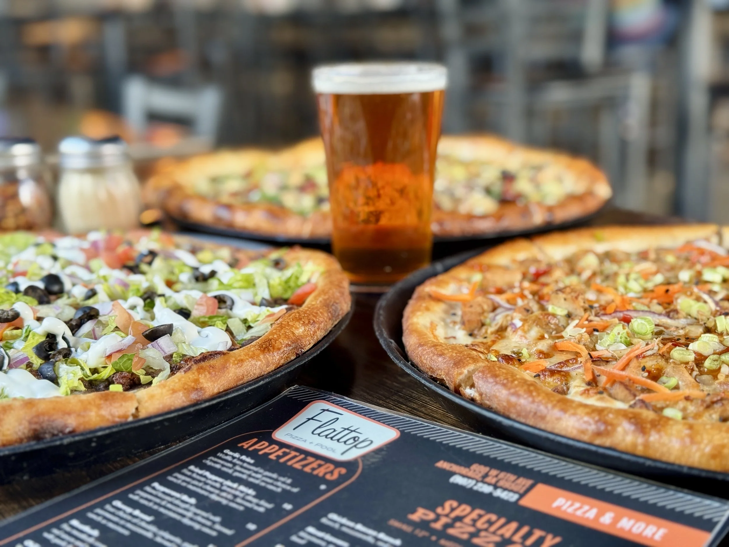 Flattop pizzas and beer