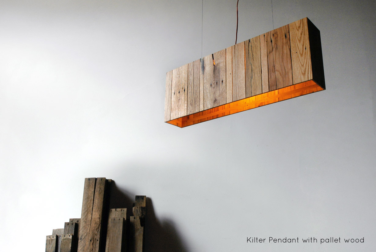 Kilter Pendant - 38” x 6” x 13”, reclaimed pallet wood | Beautiful joinery and a little elbow grease reshape oak hardwood from disused shipping pallets into a minimal modern light. | propellor.ca