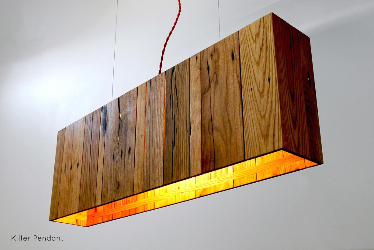 Kilter Pendant - 38” x 6” x 13”, reclaimed pallet wood | Beautiful joinery and a little elbow grease reshape oak hardwood from disused shipping pallets into a minimal modern light. | propellor.ca