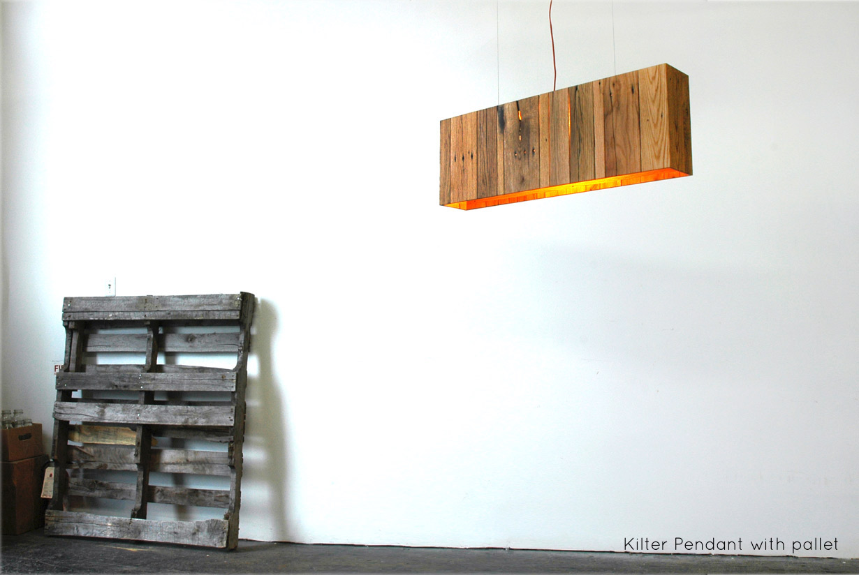 Kilter Pendant - 38” x 6” x 13”, reclaimed pallet wood | Beautiful joinery and a little elbow grease reshape oak hardwood from disused shipping pallets into a minimal modern light. | propellor.ca