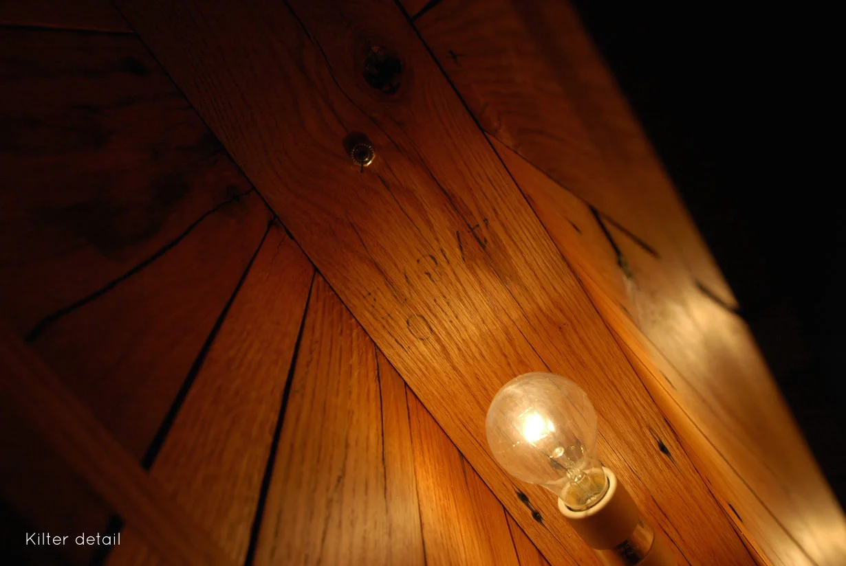 Kilter Pendant - detail, reclaimed pallet wood | Beautiful joinery and a little elbow grease reshape oak hardwood from disused shipping pallets into a minimal modern light. | propellor.ca