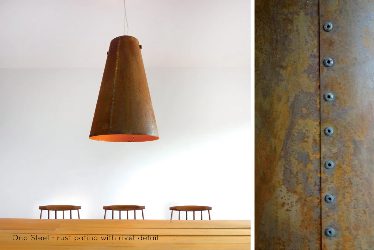 Ono Steel Pendant, rivet detail | With Ono Steel we explore the beauty and warmth of rusted metal. Ono Steel is hand riveted, lit with an LED lamp and hung from a solid walnut spindle. | propellor.ca