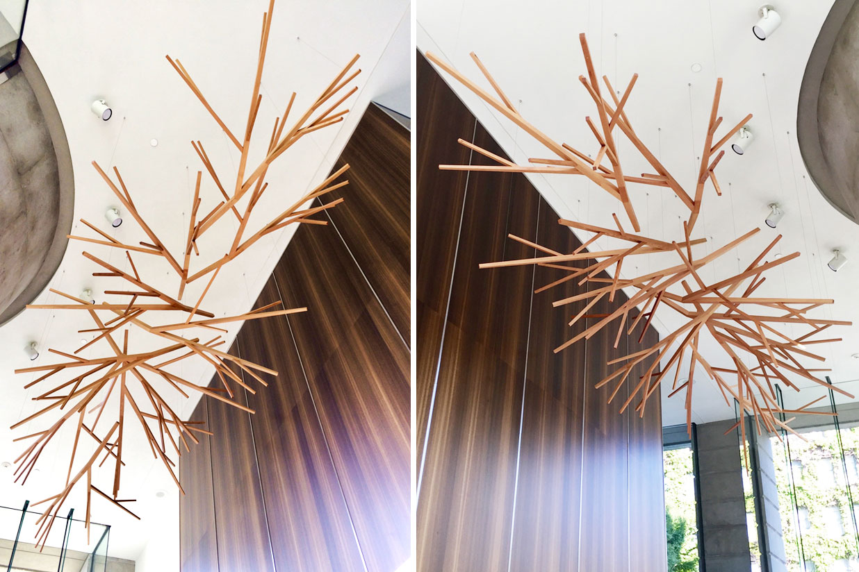 Eugenia Place Lobby sculpture - reclaimed fir