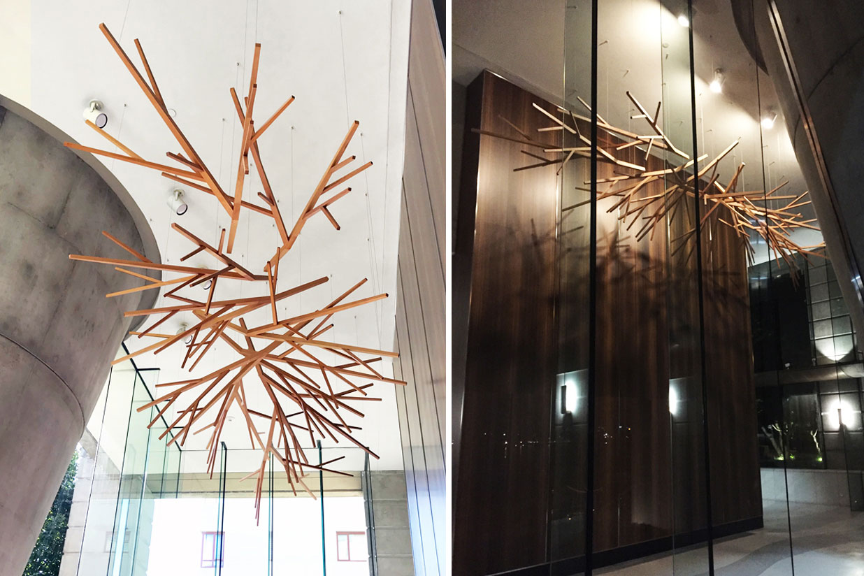 Eugenia Place Lobby sculpture - reclaimed fir