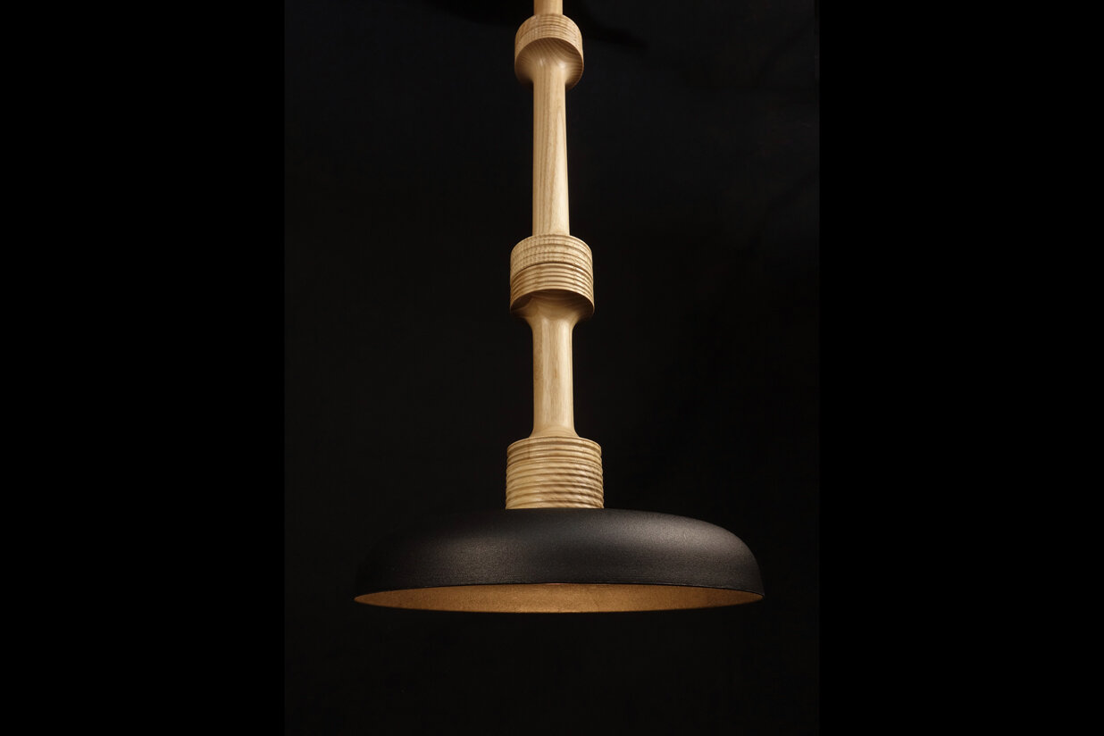 Stria pendant light in ash with black metal shade detail