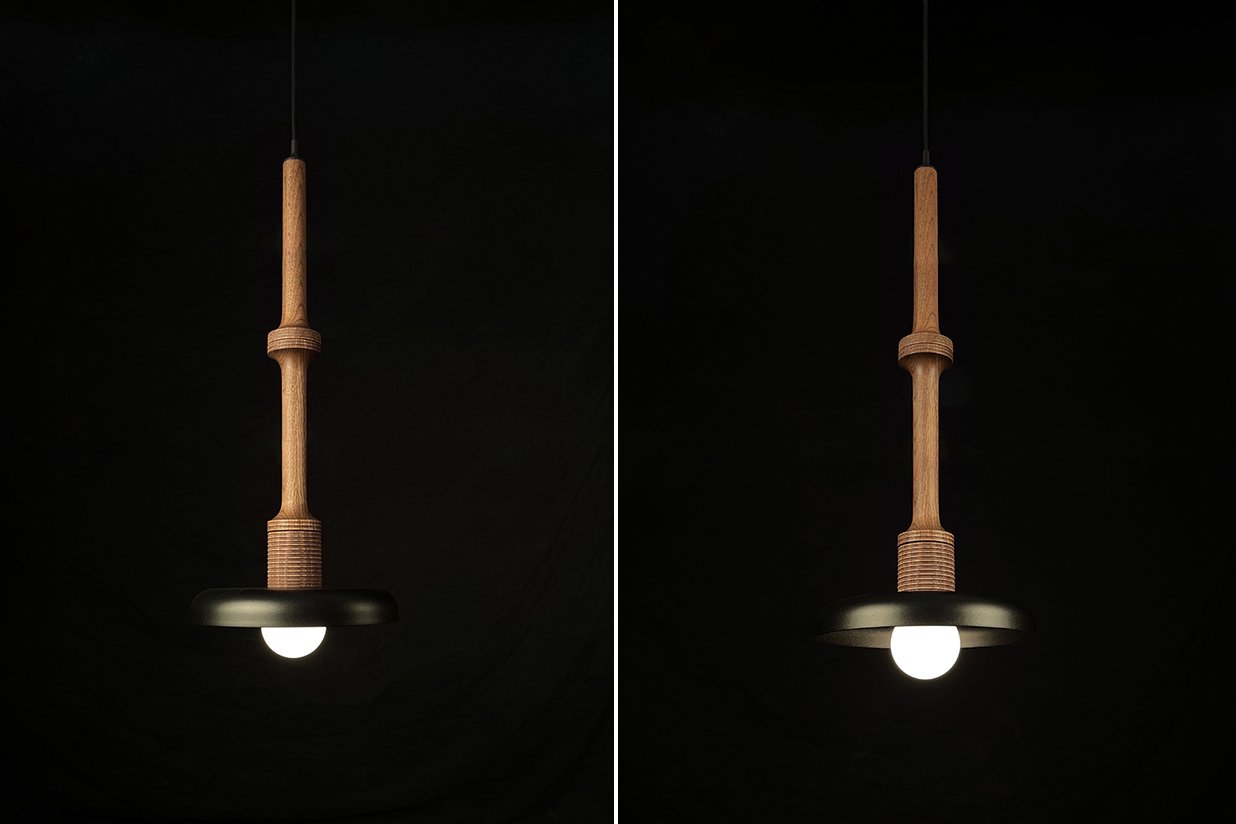 Stria pendant light in walnut with black metal shade, 29 inches tall