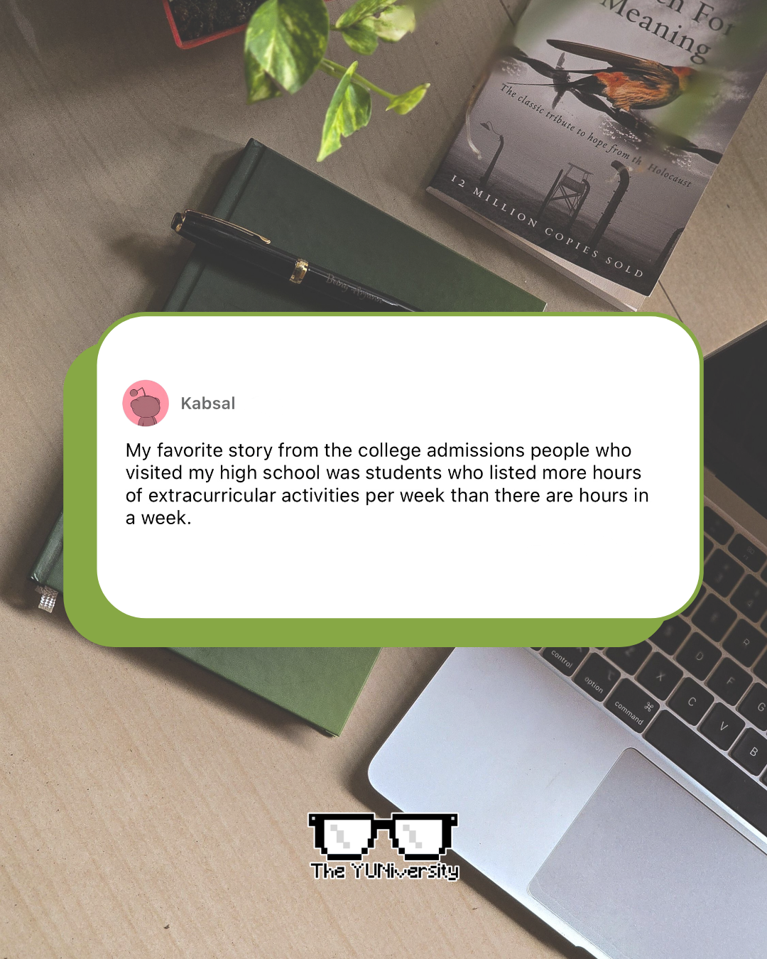 A computer keyboard, a green notebook, a pen, a book titled "Writings For Meaning," and a note with a quote about extracurricular activities on a wooden desk, with a green plant in the background.