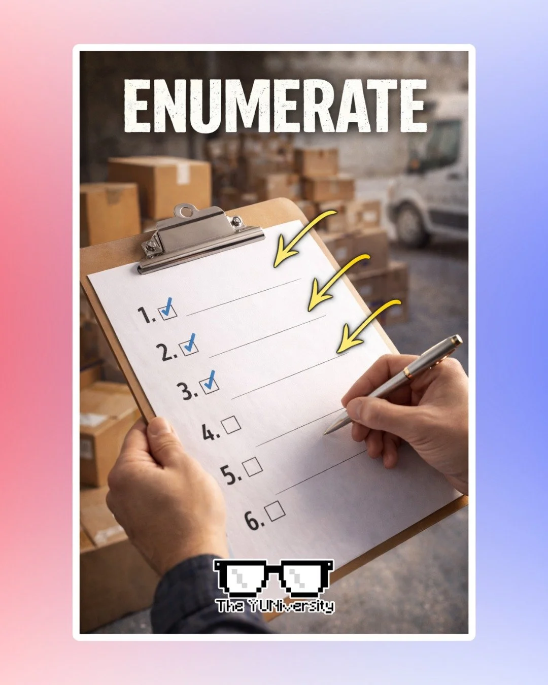 📚✨ Word of the Day: ENUMERATE ✨📚

Ever heard someone say, &ldquo;Please enumerate your points&rdquo;?

Enumerate (verb)
Pronunciation: ih-NOO-muh-rayt

Meaning:
To list or mention things one by one, clearly and in order.

It&rsquo;s a more formal a