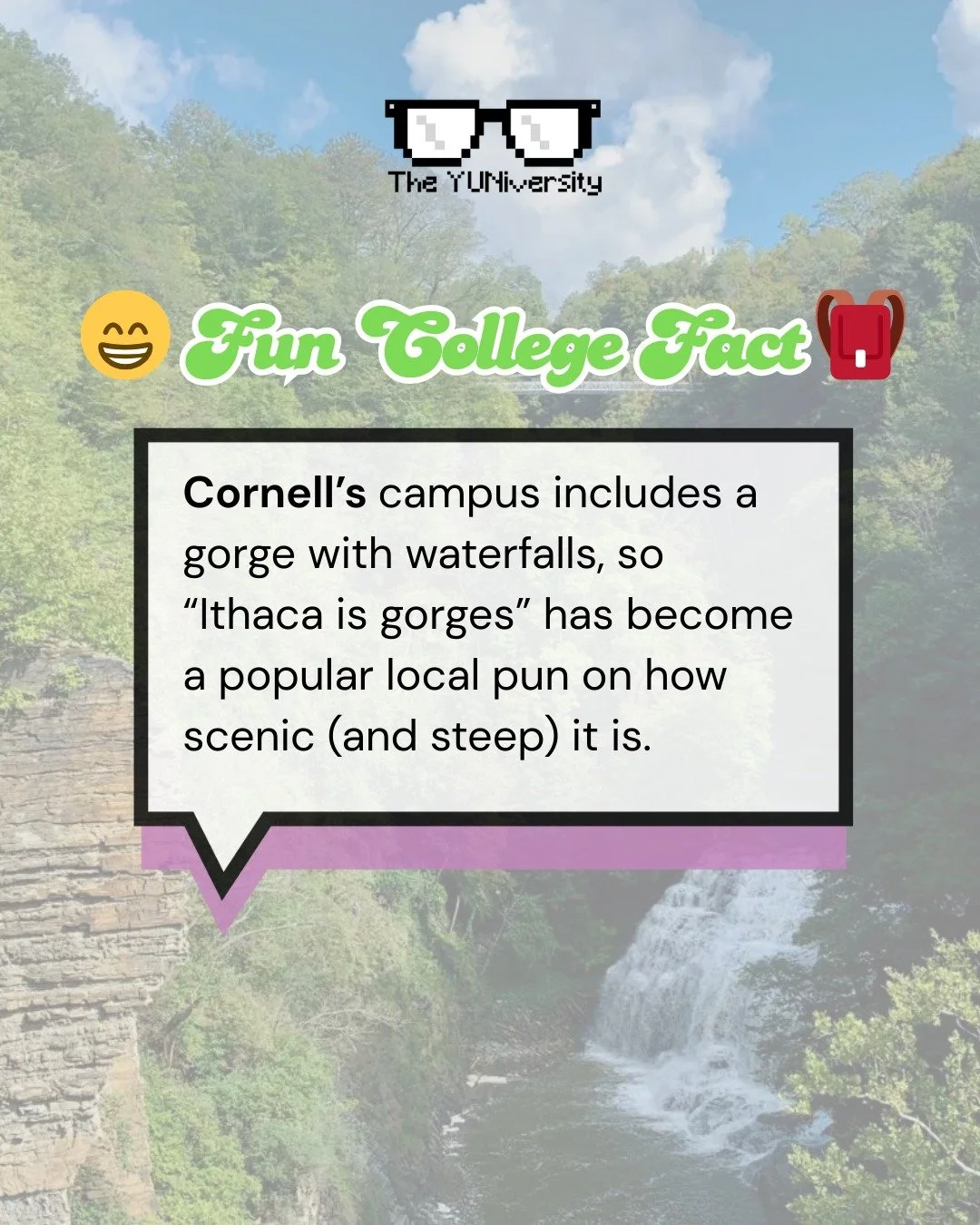 Ithaca is truly &ldquo;gorges.&rdquo; 🌿🌊

From rushing waterfalls to towering cliffs, Cornell&rsquo;s backyard feels more like a national park than a college campus. On the walk between classes you can hear the water roaring through the gorges, wat
