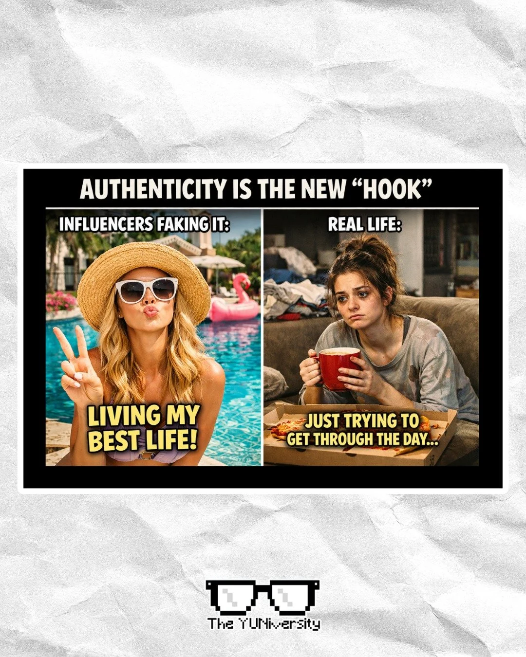 Authenticity is the new hook. 🪝

For years, social media rewarded perfection. Perfect vacations. Perfect outfits. Perfect mornings with sunlight, smoothies, and smiles. Influencers built entire brands around looking like life was always poolside and