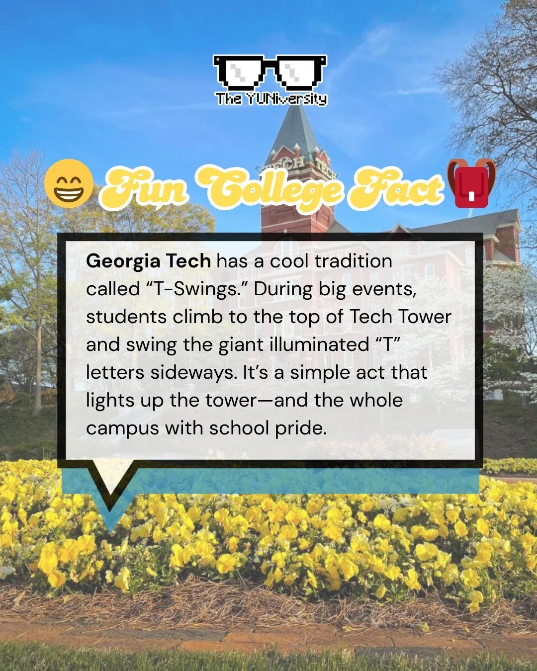 One of the coolest traditions at Georgia Institute of Technology is something called T-Swings. ⚙️

At the top of Tech Tower, the historic heart of campus, sit four giant illuminated &ldquo;T&rdquo; letters representing Tech. During big moments&mdash;