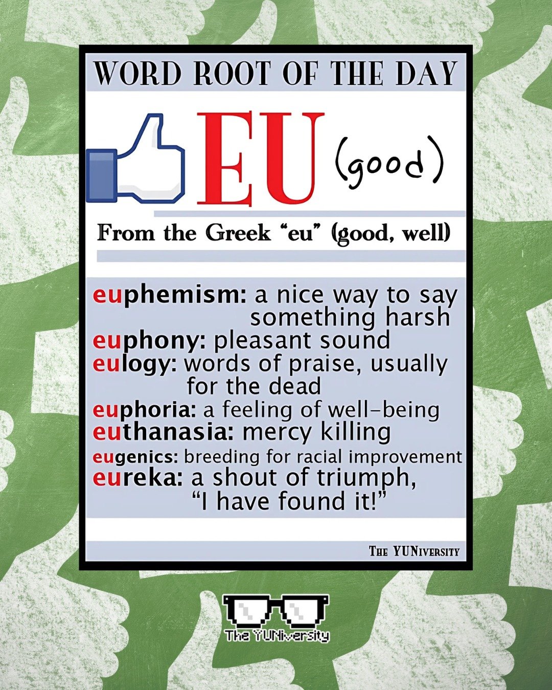 🤔 How Can &ldquo;Eu&rdquo; Mean Good When &ldquo;Eugenics&rdquo; Is on the List?

At first glance, the Greek prefix &ldquo;eu&rdquo; seems like a shining beacon of positivity. It means &ldquo;good&rdquo; or &ldquo;well,&rdquo; and it&rsquo;s the roo