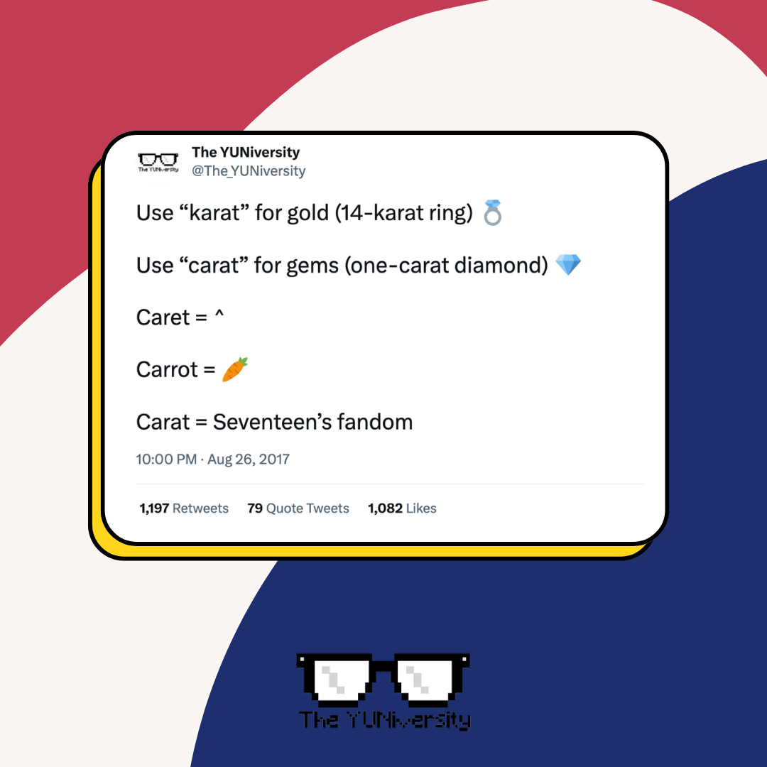 A tweet from The YUNiversity explaining uses of the words 'karat', 'carat', and a caret symbol, with cartoon emojis of a ring, diamond, and carrot. The tweet was posted on August 26, 2017.