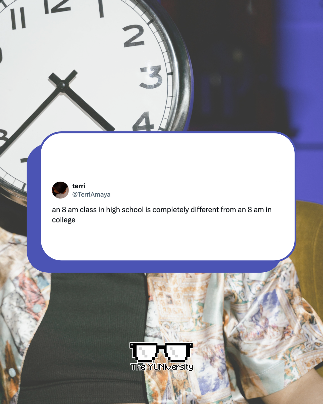A large round clock showing the time as 3:23 hangs on a wall. Overlay below the clock is a tweet from user terri saying, "an 8 am class in high school is completely different from an 8 am in college." At the bottom, there is a pixelated graphic of gl