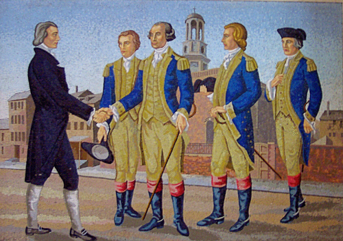 Commodore John Barry (Right) is depicted with Matthew Carr, O.S.A. (left) and other contributors to Saint Augustine Church, including Gorge Washington (center)