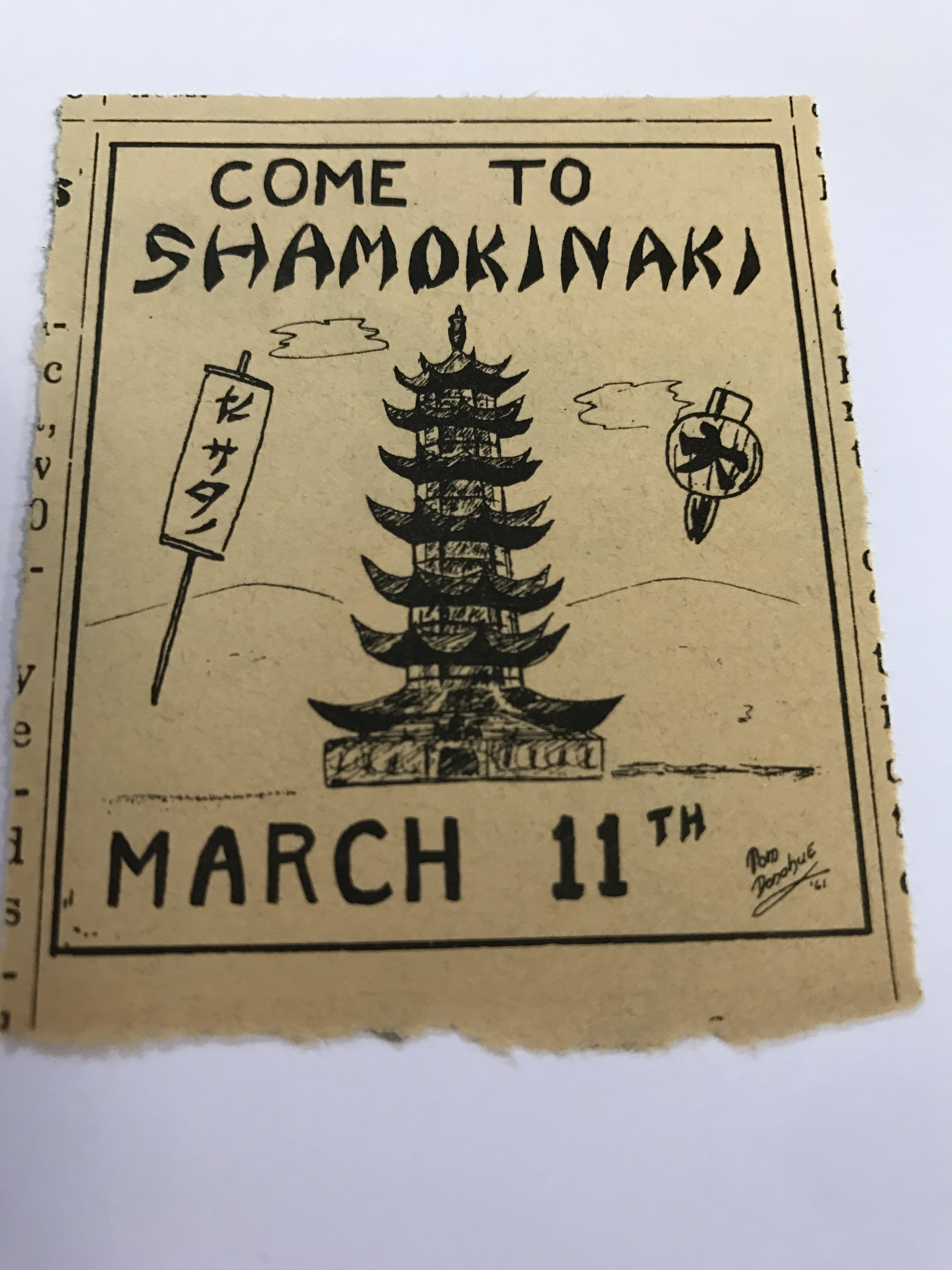 A poster from the annual Shamokinaki dance to raise funds for the Japanese mission. 