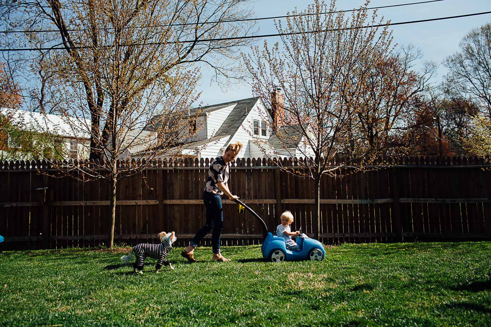 toddler in a wagon in the backyard by Maryland Documentary photographer Juliette Fradin