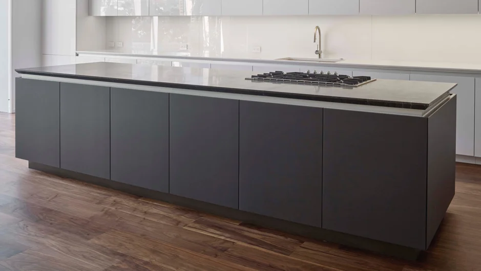 Island featuring back-painted acid-etched glass doors