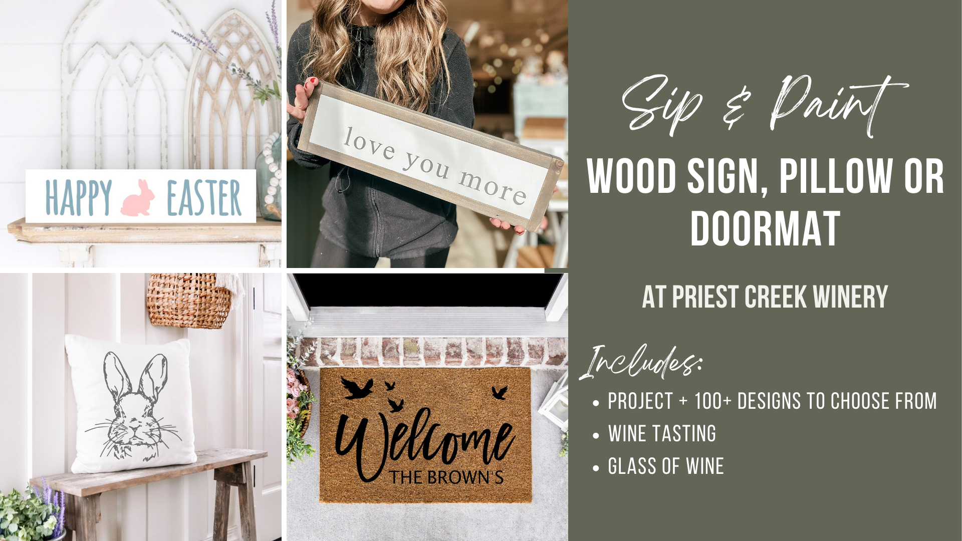 Sip &amp; Paint – Doormat, Pillow or Wood Sign at Priest Creek Winery 