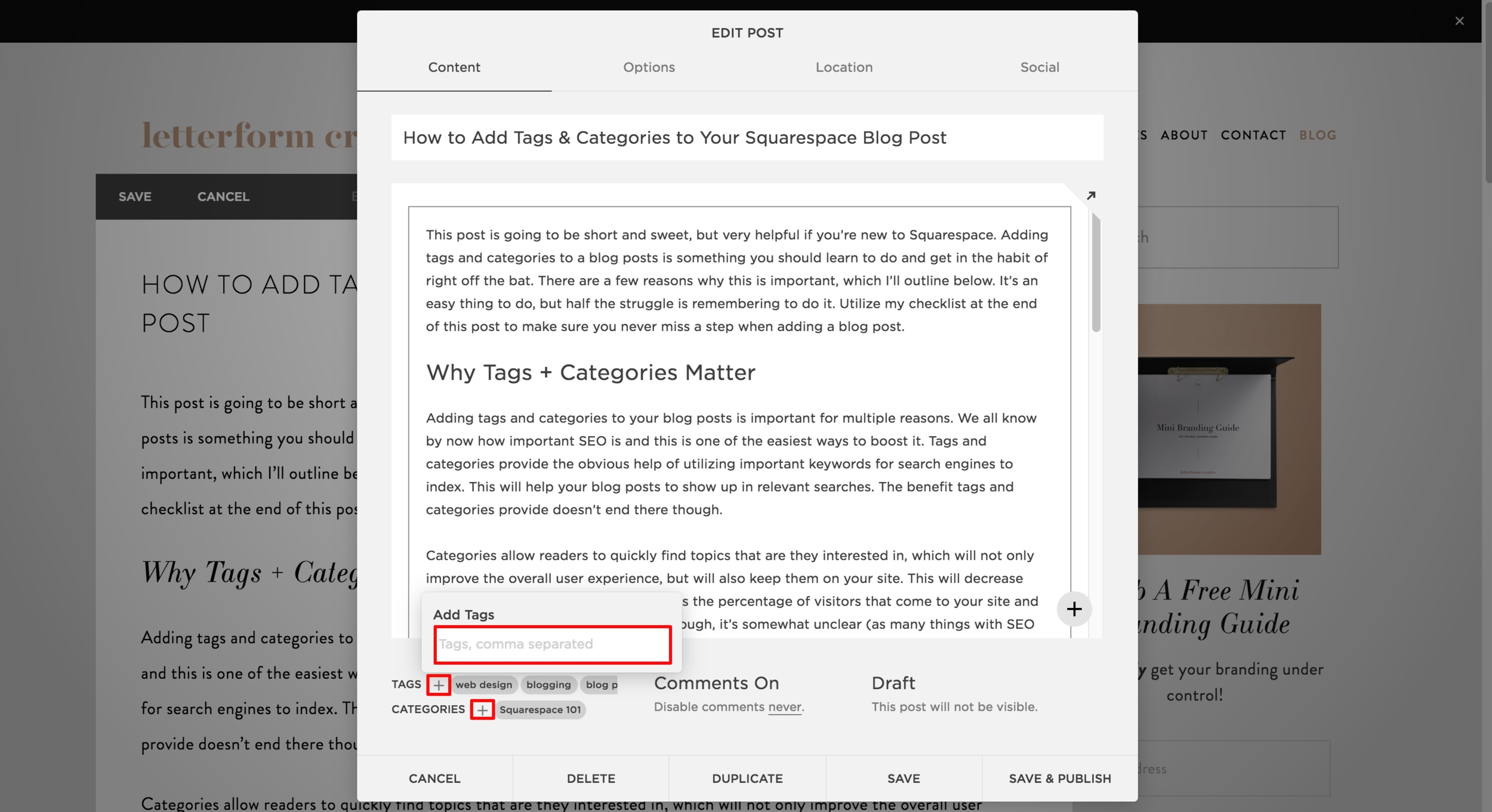 Are you using Squarespace for your small business's website? If so, learn how to add tags and categories to your blog posts. Not only will this help with SEO, it will make your site more user-friendly. This post also includes a helpful blogging Checklist! Click through to read it.