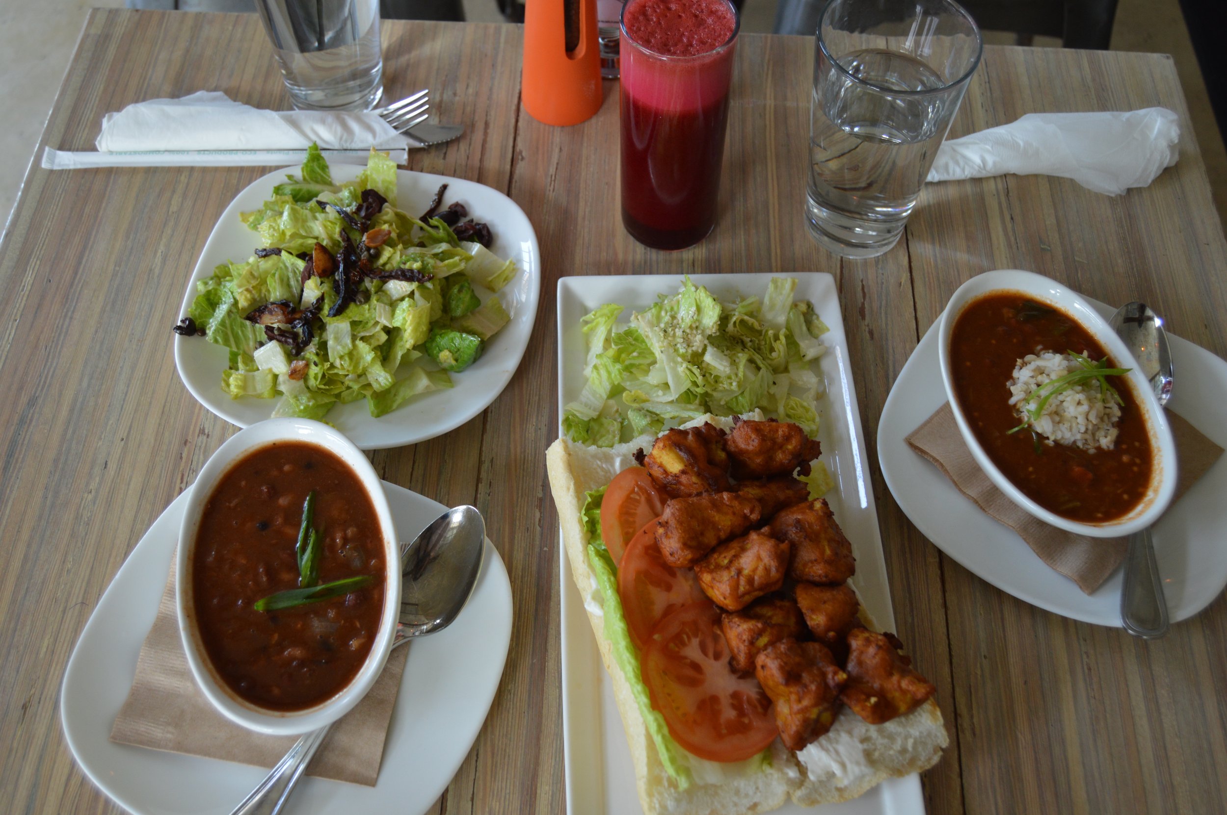 Seed Caesar, Three Bean Chili, Southern Fried Poboy & Seed Gumbo Juice: The Standard (carrots, beets, granny smith apples, ginger)